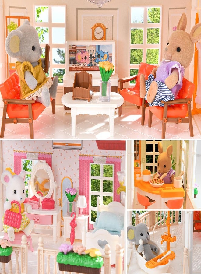 TUZT Doll House with 45 Pcs Furniture and Accessories, 3-Story with 4 Animal Dolls, Food Cooking Set, Warm Lights, Pool Slide and Movable Elevator, Pretend Play Dream Dollhouse for Girls 3+ - Image 2